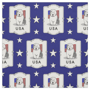 USA American Flag Old English Sheepdog (Grey 1) Fabric