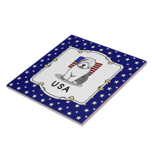 USA American Flag Old English Sheepdog (Grey 1) Tile