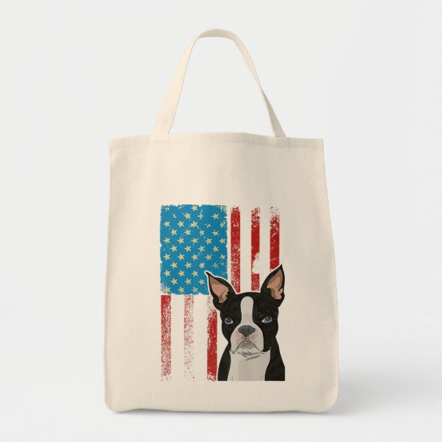 USA American Flag - Patriotic Dog Boston Terrier P Tote Bag (Front)