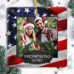 USA American Flag Patriotic Personalised 2 Photo Ceramic Ornament<br><div class="desc">USA American Flag Christmas Ornament. This patriotic stars and stripes usa flag christmas ornament will be a treasured keepsake. Ornament is double sided, you can do 2 favourite photos, one on each side. Perfect for military, soldier Christmas ornament, military veteran, patriotic family.. Personalise name on the front, and date on...</div>