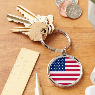 USA American Flag Patriotic Round Metal Keychain