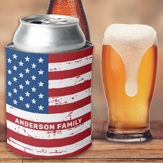 USA American Flag Personalised Red White Blue Can Cooler (Creator Uploaded)