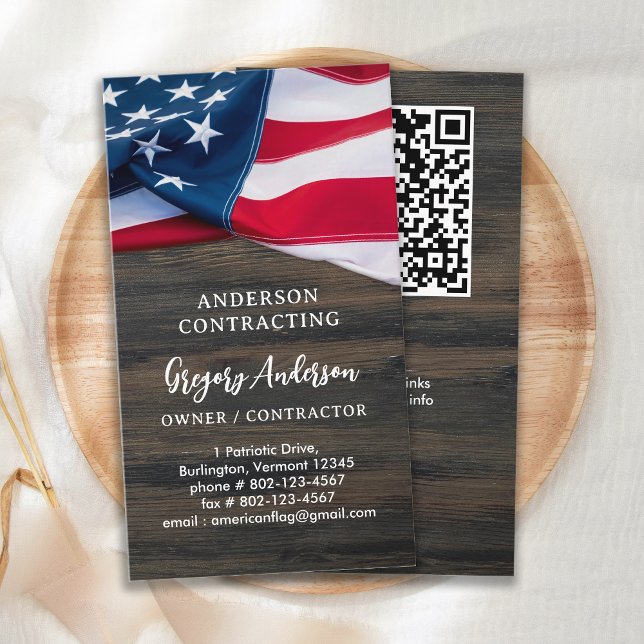 USA American Flag QR Code Rustic Wood Patriotic Business Card (Creator Uploaded)
