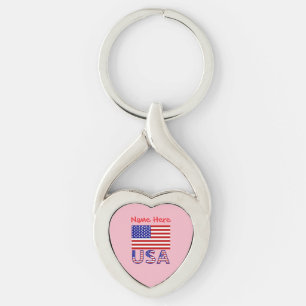 USA American Flag Red Personalized Heart Key Ring
