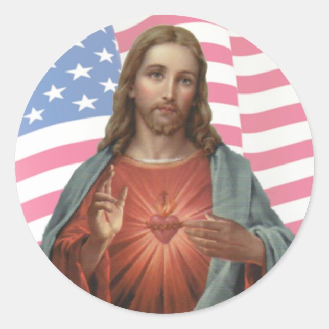 USA AMERICAN FLAG SACRED HEART OF JESUS CLASSIC ROUND STICKER (Front)