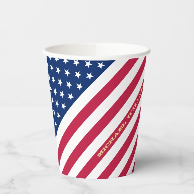 USA American Flag Stars Stripes Custom Monogrammed Paper Cups (Left)
