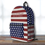 USA American Flag Stars Stripes Personalised Text  Printed Backpack<br><div class="desc">Very cool backpack featuring a USA American Flag inspired design of Stars and Stripes. Easily add your custom text to personalise. Roomy enough for books, computer, sports gear and more - or use as a travel or sleepover bag too. Perfect for a veteran, military, soldier or anyone who loves the...</div>