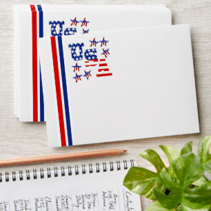 USA American Flag Text w/Red White & Blue Border Envelope