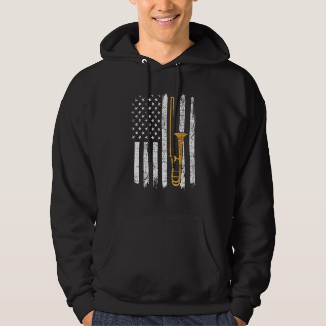 USA American Flag Trombone - Trombonist Music Love Hoodie (Front)