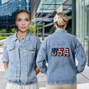 USA American Flag Unique Font Womens Denim Jacket