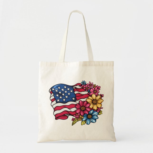 USA American Flag with Flowers Patriotic Tote Bag (Front)