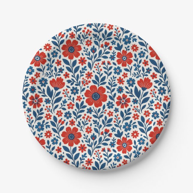 USA/American themed floral pattern Paper Plate (Front)