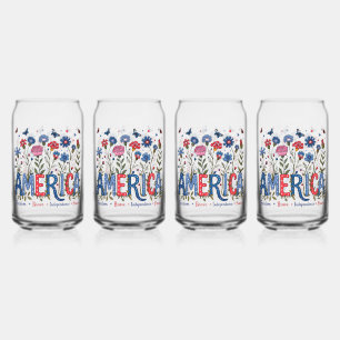 USA American Wildflowers Patriotic 4th of July Fun Can Glass