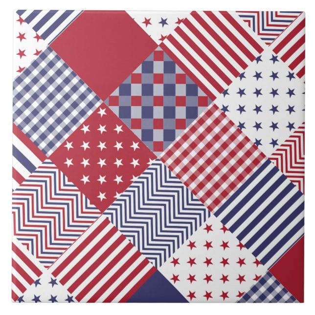 USA Americana Diagonal Red White & Blue Quilt Tile (Front)