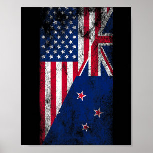 Usa &amp; New Zealand Flags - Us Of America Kiwi,  Poster