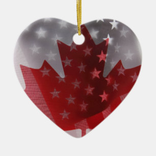 USA and Canada flags heart ornament