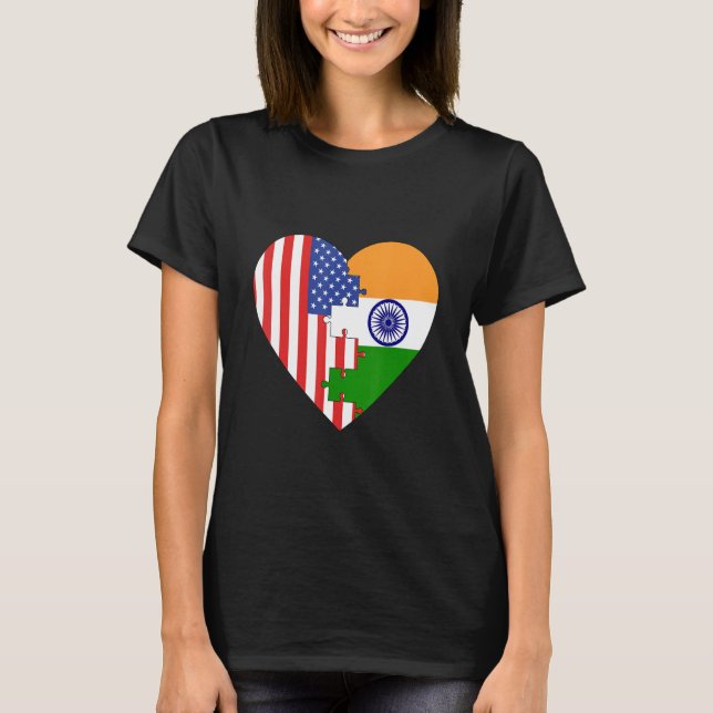 USA and India Flags Heart T-Shirt (Front)