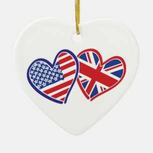 USA and UK Flag Hearts Ceramic Tree Decoration