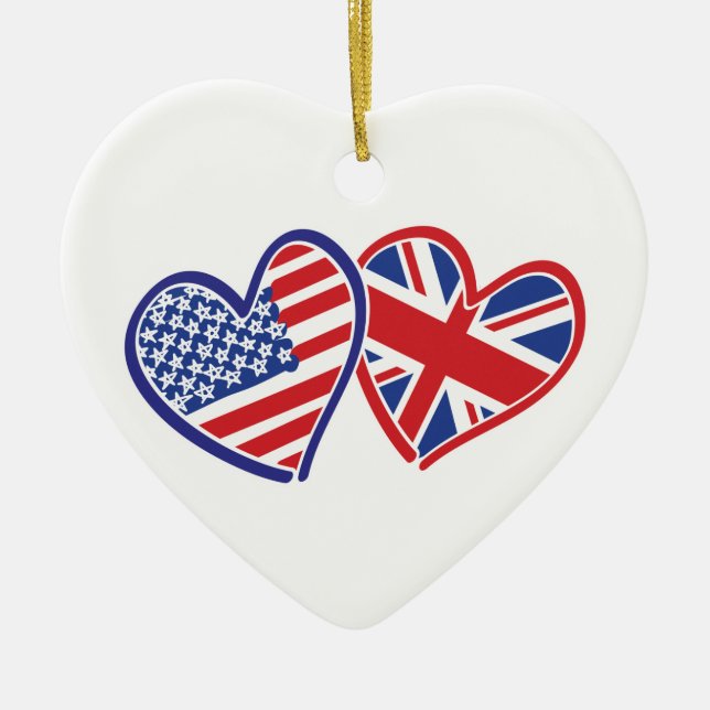 USA and UK Flag Hearts Ceramic Tree Decoration (Front)