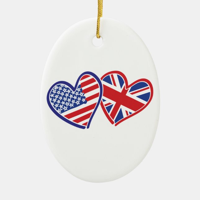 USA and UK Flag Hearts Ceramic Tree Decoration (Front)