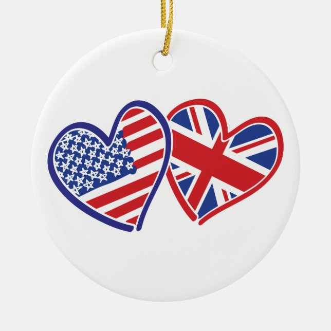 USA and UK Flag Hearts Ceramic Tree Decoration (Front)