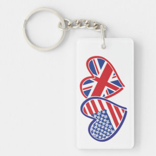 USA and UK Flag Hearts Key Ring