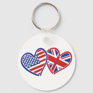 USA and UK Flag Hearts Key Ring