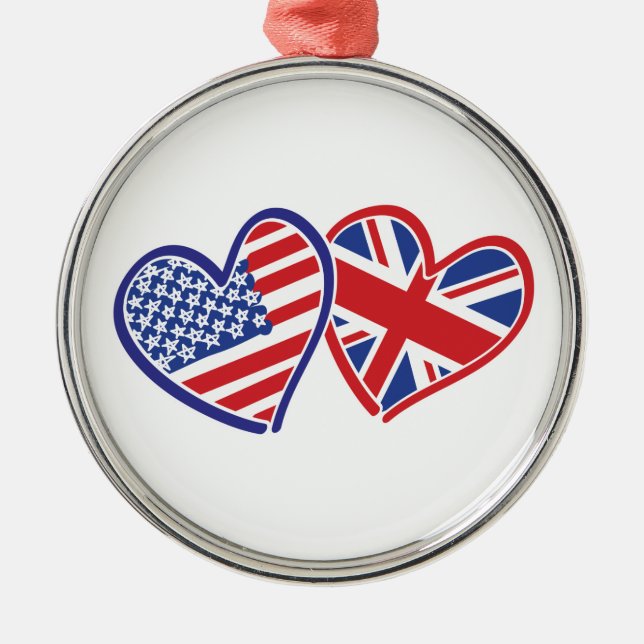 USA and UK Flag Hearts Metal Tree Decoration (Front)