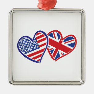 Usa and UK Flag Hearts Metal Tree Decoration