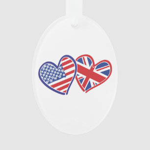 USA and UK Flag Hearts Ornament