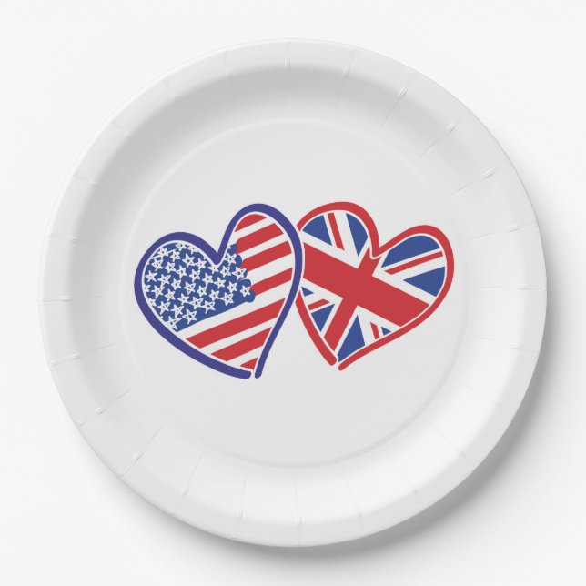 USA and UK Flag Hearts Paper Plate (Front)