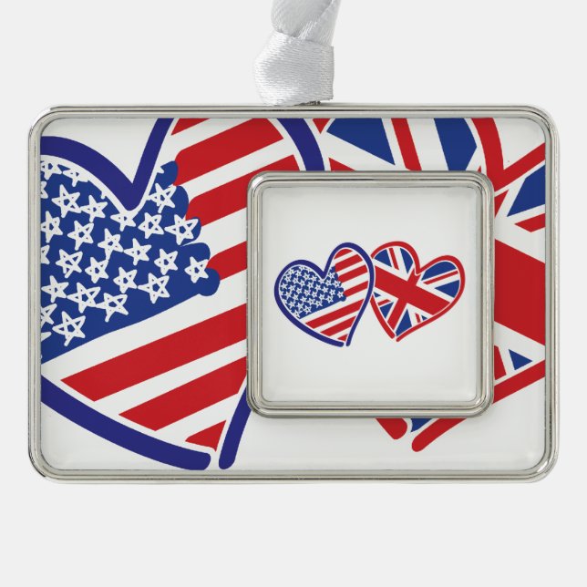 USA and UK Flag Hearts Silver Plated Framed Ornament (Front)