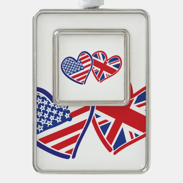 USA and UK Flag Hearts Silver Plated Framed Ornament (Front)