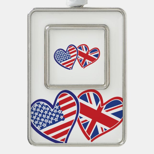 USA and UK Flag Hearts Silver Plated Framed Ornament (Front)