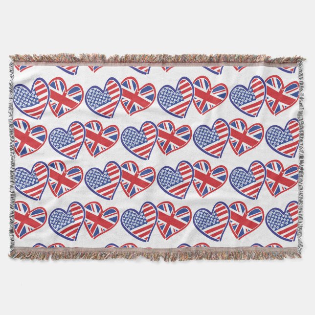 USA and UK Hearts made of Flags Throw Blanket (Front)