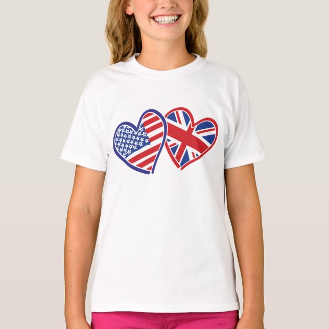 USA and UK Patriotic Flag Hearts T-Shirt (Front)