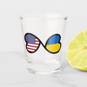 USA and Ukrainian Flags Infinity Hearts Shot Glass