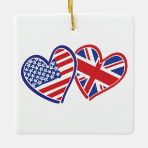 USA and United Kingdom Flag Hearts Ceramic Ornament
