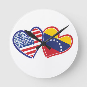 USA and Venezuela Flag Hearts Round Clock