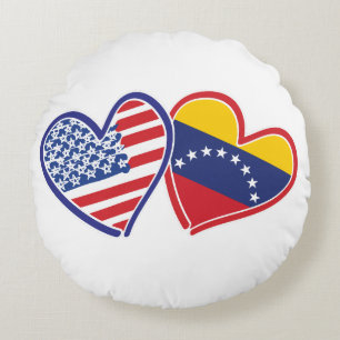 USA and Venezuela Flag Hearts Round Cushion
