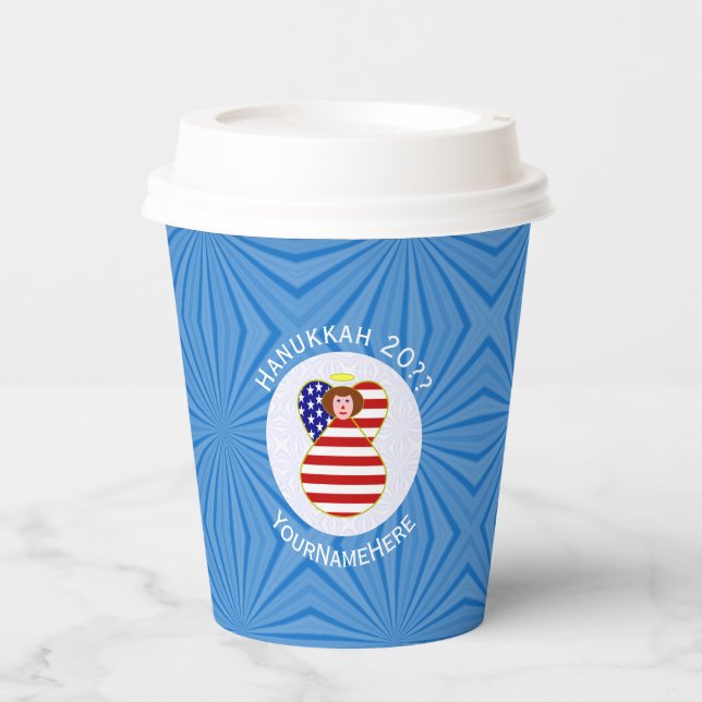 USA Angel Red Hair Hanukkah Flag Personalised  Paper Cups (Front)