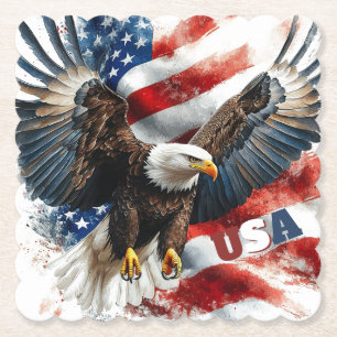 USA Bald Eagle Patriotic Art – Bold American Flag Paper Coaster