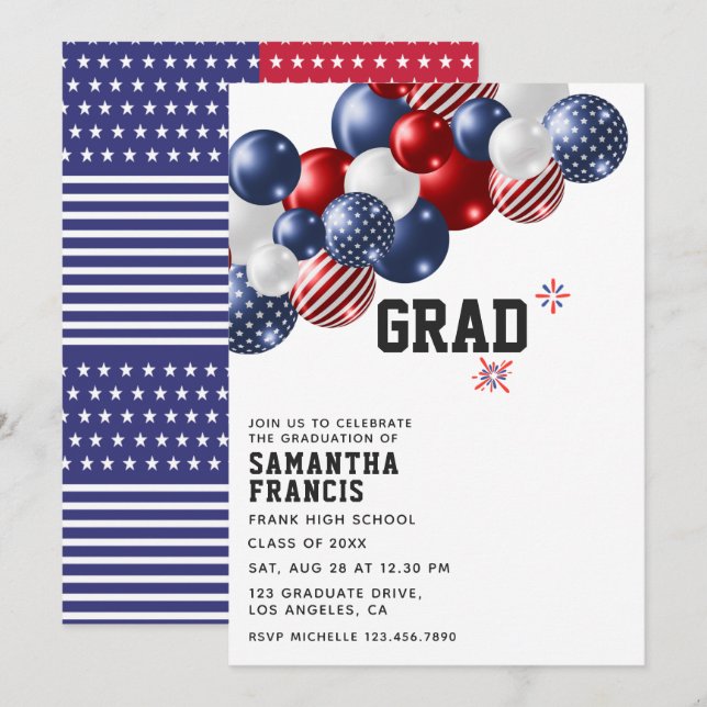 USA Balloon Graduation Party Invitation (Front/Back)