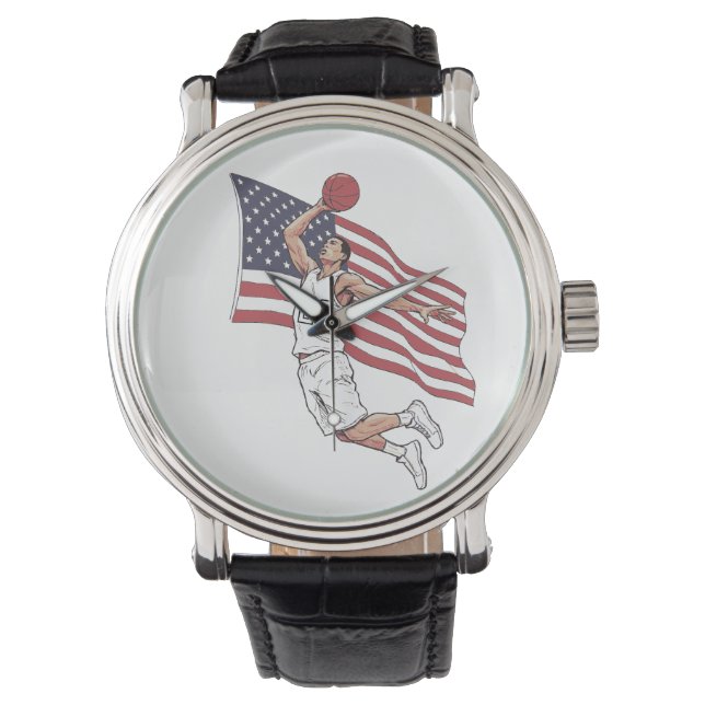 USA Basketball Slam Dunk American Flag Color Art Watch (Front)