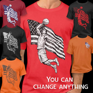 USA Basketball Slam Dunk American Flag Sketch Art T-Shirt