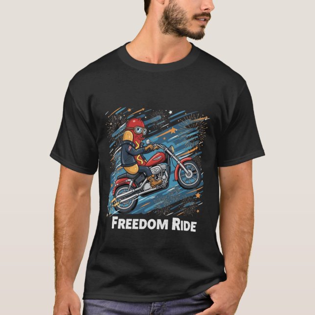 USA BBQ Hot Dog on Harley with Fireworks T-Shirt (Front)