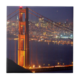 USA, California. Golden Gate Bridge At Night Tile