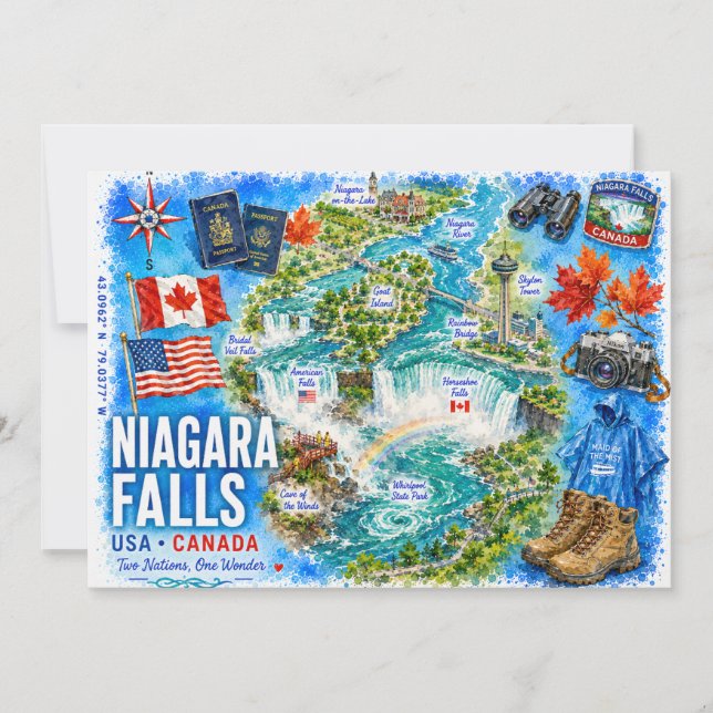 USA Canada Illustrated Map Niagara Falls Postcard (Front)