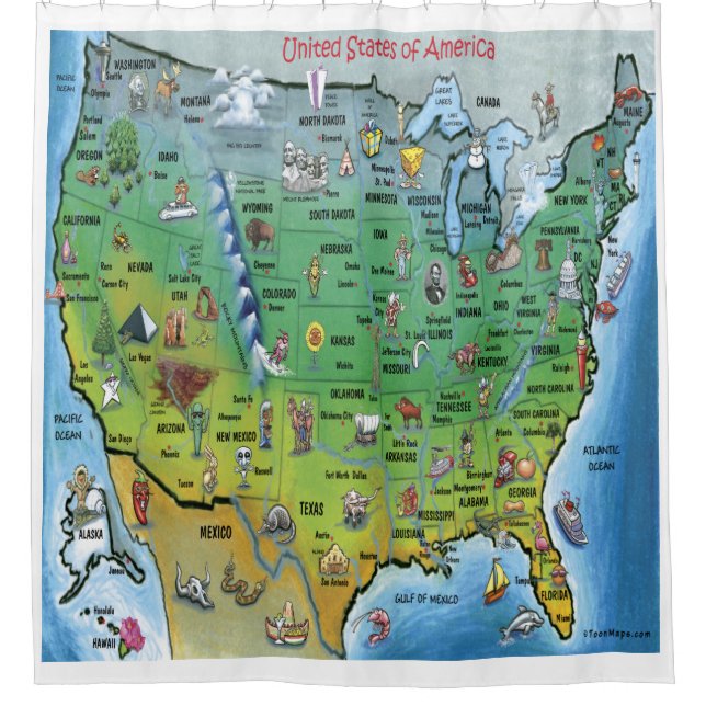USA Cartoon Map Shower Curtain (Front)