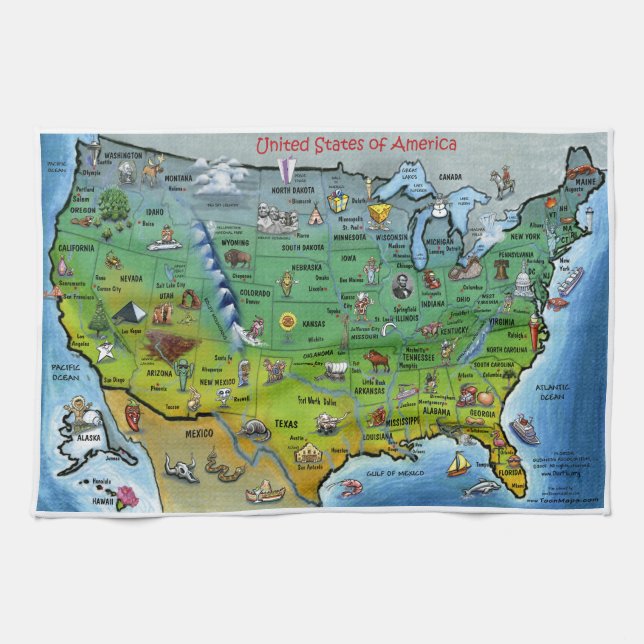 USA Cartoon Map Tea Towel (Horizontal)
